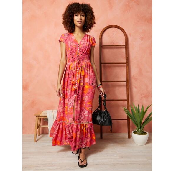 SMF Floral Pink and Orange Midi Maxi Dress - Picture 1 of 10